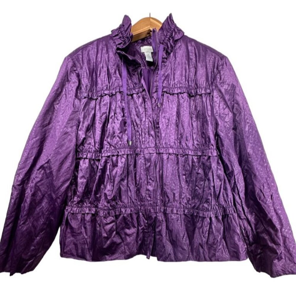 Chicos Womens Jacket Sz 2 L Purple Ruffled Ruched Full Zip Raincoat Windbreaker